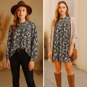 Free People Flowers In Her Hair Smocked Tunic Top Dress Boho Prairie Small